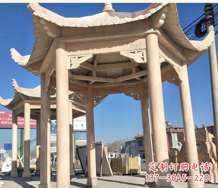 常州园林景观晚霞红六角石雕凉亭 (2)