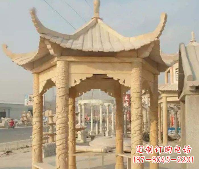 常州园林景观晚霞红六角石雕凉亭 (3)