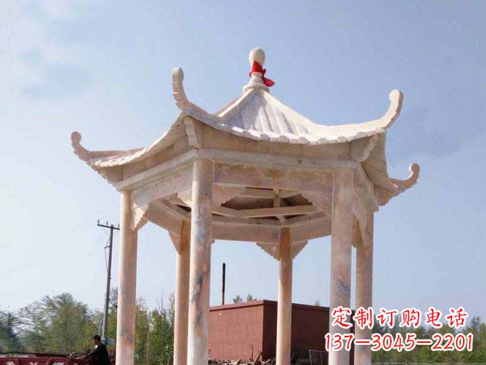 常州园林景观晚霞红六角石雕凉亭