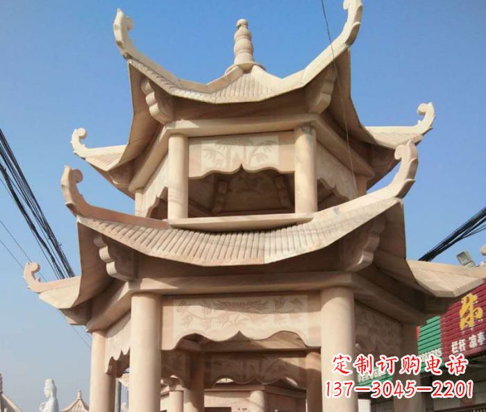 常州园林景观晚霞红双层石雕凉亭 (2)