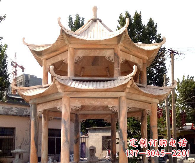 常州园林景观晚霞红双层石雕凉亭