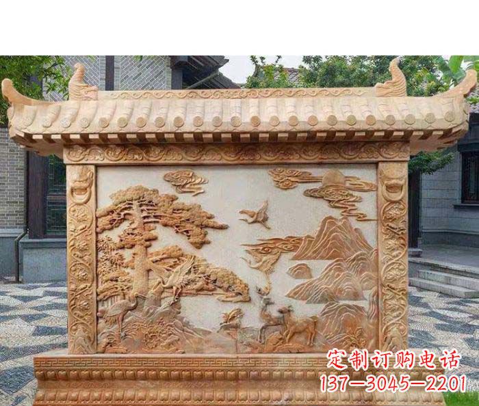 常州园林景观晚霞红松鹤石浮雕影壁