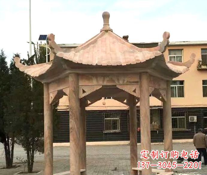 常州园林晚霞红六角石雕凉亭