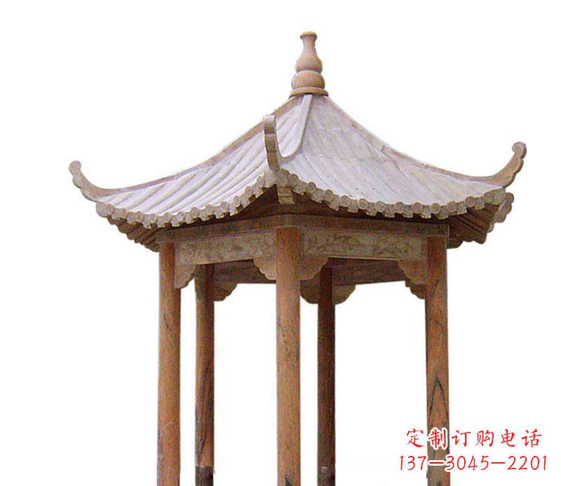 常州园林晚霞红六角石凉亭景观石雕 (2)