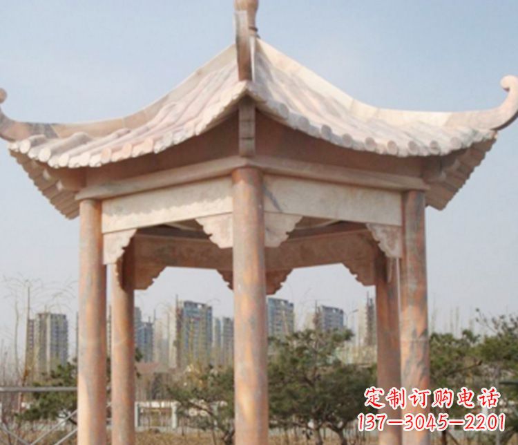 常州园林晚霞红六角石凉亭景观石雕