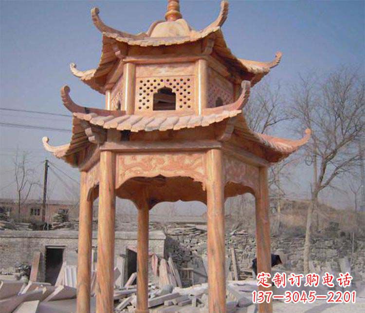常州园林晚霞红石凉亭景观石雕