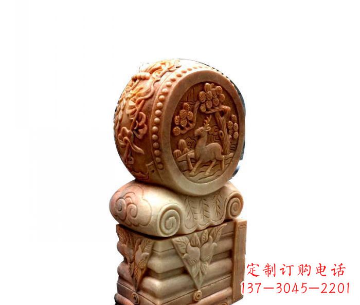 常州招财石门墩晚霞红抱鼓石